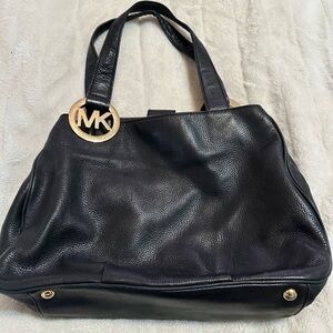 Michael Kors Black Leather Shoulder Bag with Gold MK Charm